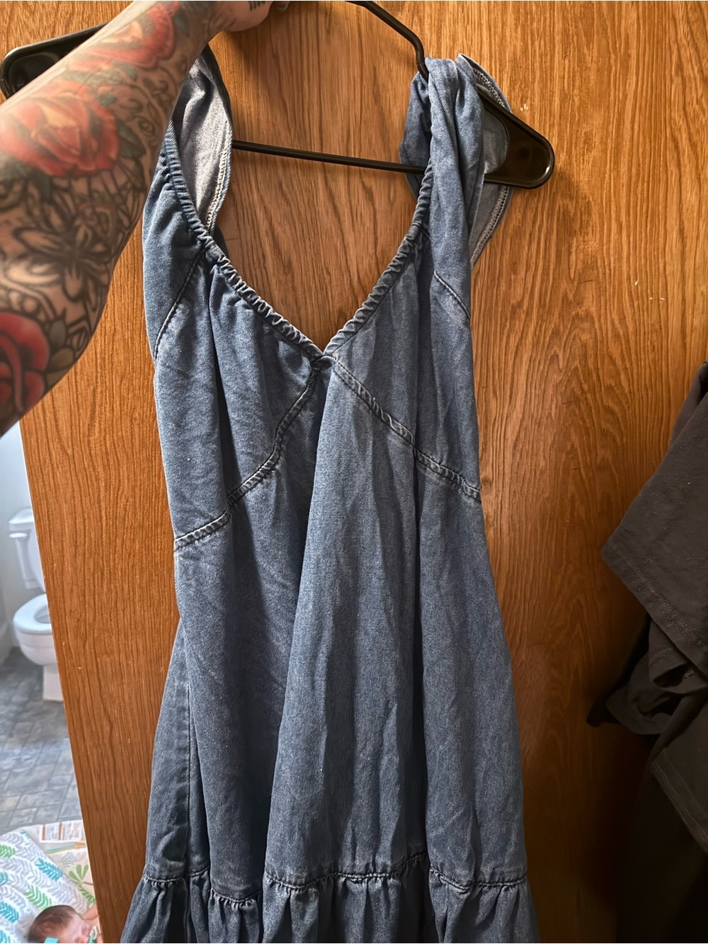 SHEIN Washed Blue Backless Denim Maxi Dress